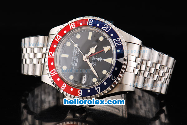 Rolex GMT Master Oyster Perpetual Automatic Movement ETA Case with Blue/Red Bezel-Yellow Markers and Black Dial - Click Image to Close
